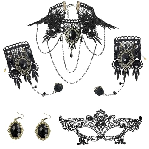 Gothic schmuck Set,4 Stück Steampunk Accessoires,Steampunk Halskette+Steampunk Armbänder+Steampunk Ohrringe+Lace Augenmaske,Steampunk Kostüm Damen,für Halloween,Ostern,Karneval Kostüm Accessoires von SHOWHEEL