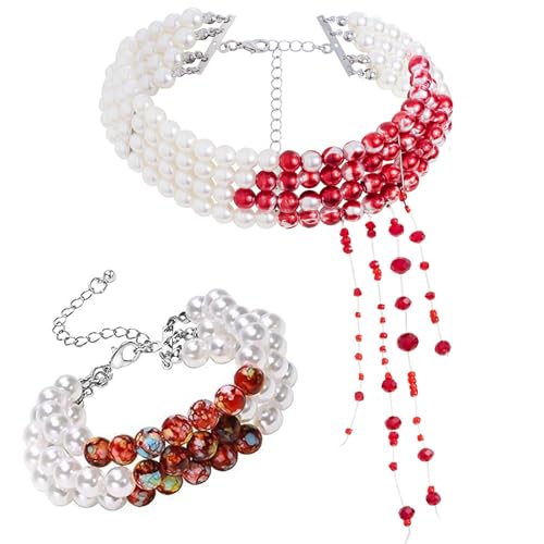 Tropfende Blut Imitationsperlen Halskette Armband,Halloween accessoires damen,Blutige Perlenkette Armband,Halloween rot Halsketten,Perlen kette mit blut,Halloween Accessoires für Halloween Party Tropfende Blut Imitationsperlen Halskette Armband,Halloween accessoires damen,Blutige Perlenkette Armband,Halloween rot Halsketten,Perlen kette mit blut,Halloween Accessoires für Halloween Party von SHOWHEEL