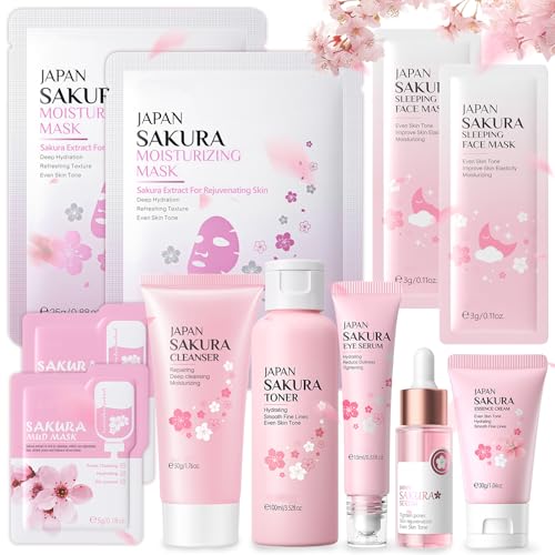 Sakura Gesichtspflege Set 11 Stück, Hauttäglich Hautpflege Set mit Cleanser, Toner, Gesicht Reinigung & Pflege, Euchtigkeit, Anti Aging, Sakura Hautpflege Set für Teenager-Mädchen und Frauen von SHOWHEEL