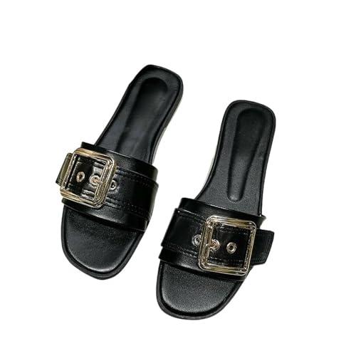 Fashion Sense Damen-Flip-Flops mit quadratischer Schnalle, flache Flip-Flops, modisch, lässig, Hausschuhe, Schwarz , 36 EU von SHPEHU