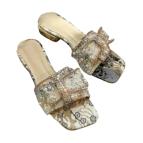 Fashion Sense Damen-Hausschuhe, Sommer, Strass, dicker Absatz, modische flache Unterseite, Außensandalen, beige, 38 EU von SHPEHU