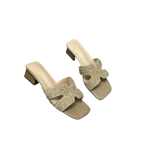 Fashion Sense Damen-Hausschuhe, Sommer, Strass, dicker Absatz, modische flache Unterseite, Außensandalen, khaki, 38 EU von SHPEHU