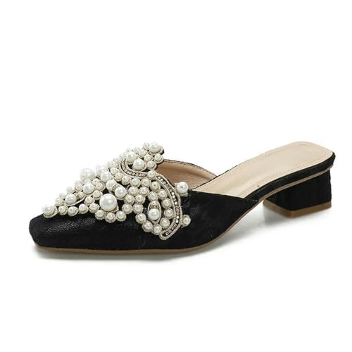 Fashion Sense Damen-Hausschuhe mit Absatz, Perlen-Dekoration, quadratischer Kopf, halbe Hausschuhe, Oberbekleidung, Schwarz , 43 EU von SHPEHU