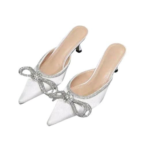 Fashion Sense Damen Sommer Spitze Strass Flacher Mund Hausschuhe Mittelabsatz Mode Schuhe, weiß, 39 EU von SHPEHU