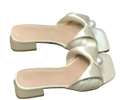Fashion Sense Pearl Square Toe Sandalen Hausschuhe Damen Quadratischer Absatz Flip-Flops, B, 40 EU von SHPEHU
