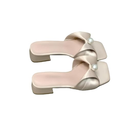 Fashion Sense Pearl Square Toe Sandalen Hausschuhe Damen Quadratischer Absatz Flip-Flops, rose, 40 EU von SHPEHU