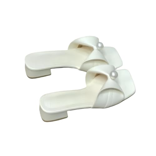 Fashion Sense Pearl Square Toe Sandalen Hausschuhe Damen Quadratischer Absatz Flip-Flops, weiß, 38 EU von SHPEHU