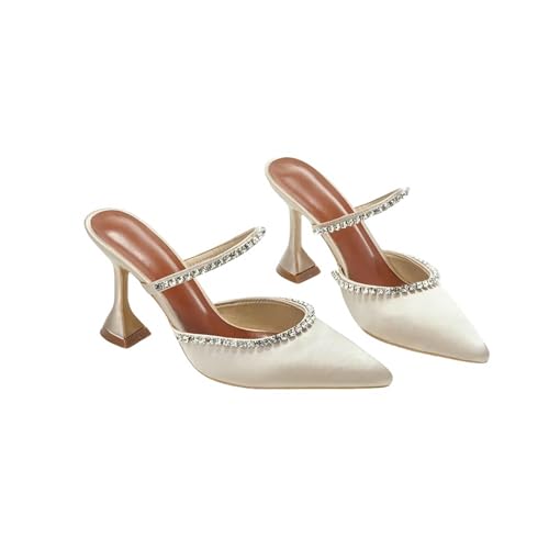 Fashion Sense Sommer-Sandalen mit spitzem Zehenbereich, Strass-Pailletten, Stiletto-Druck, halbe Drag-Sandalen, Aprikose, 9 cm, 41 EU von SHPEHU