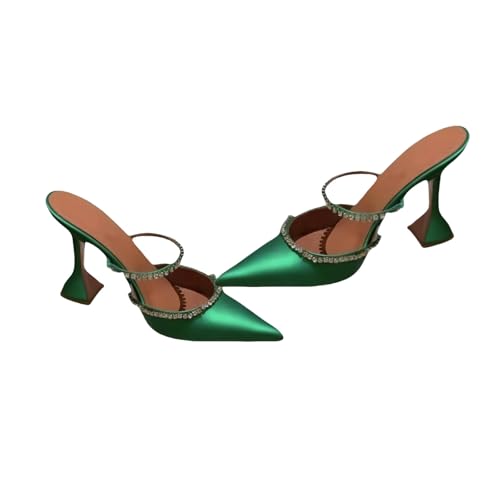 Fashion Sense Sommer-Sandalen mit spitzem Zehenbereich, Strass-Pailletten, Stiletto-Druck, halbe Drag-Sandalen, Grün, 9 cm, 41 EU von SHPEHU