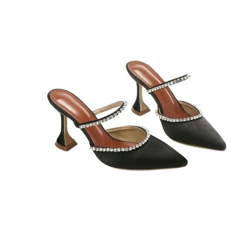 Fashion Sense Sommer-Sandalen mit spitzem Zehenbereich, Strass-Pailletten, Stiletto-Druck, halbe Drag-Sandalen, Schwarz, 9 cm, 42 EU von SHPEHU