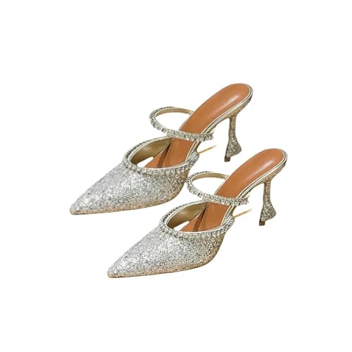 Fashion Sense Sommer-Sandalen mit spitzem Zehenbereich, Strass-Pailletten, Stiletto-Druck, halbe Drag-Sandalen, Silber, 9 cm, 38 EU von SHPEHU