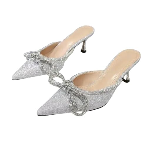 Fashion Sense Sommer Spitz Flacher Mund Hausschuhe Mittelabsatz Mode Damenschuhe, silber, 39 EU von SHPEHU
