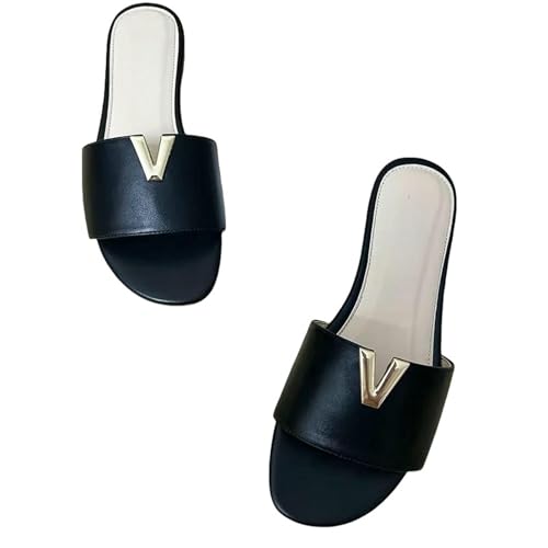 Fashion Sense Sommer V-förmige flache Sandalen Strand Damenmode Hausschuhe, Schwarz , 36 EU von SHPEHU