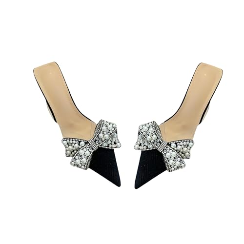 Fashion Sense Sommermode Schleife Perle Spitze Halbabsatz Hausschuhe für Damen, Schwarz , 39 EU von SHPEHU