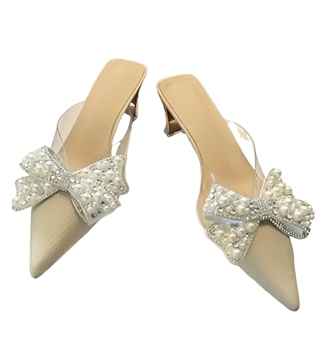 Fashion Sense Sommermode Schleife Perle Spitze Halbabsatz Hausschuhe für Damen, weiß, 39 EU von SHPEHU