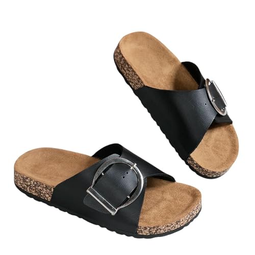 Sommersandalen für Damen, schlicht, einfarbig, Schnallenabdeckung zum Tragen von flachen Absätzen, gerader Hausschuhe, Schwarz , 39 EU von SHPEHU