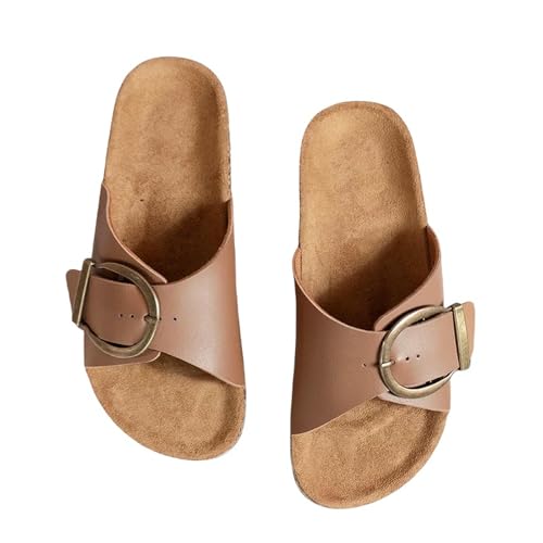 Sommersandalen für Damen, schlicht, einfarbig, Schnallenabdeckung zum Tragen von flachen Absätzen, gerader Hausschuhe, khaki, 39 EU von SHPEHU