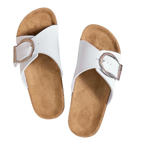 Sommersandalen für Damen, schlicht, einfarbig, Schnallenabdeckung zum Tragen von flachen Absätzen, gerader Hausschuhe, weiß, 39 EU von SHPEHU
