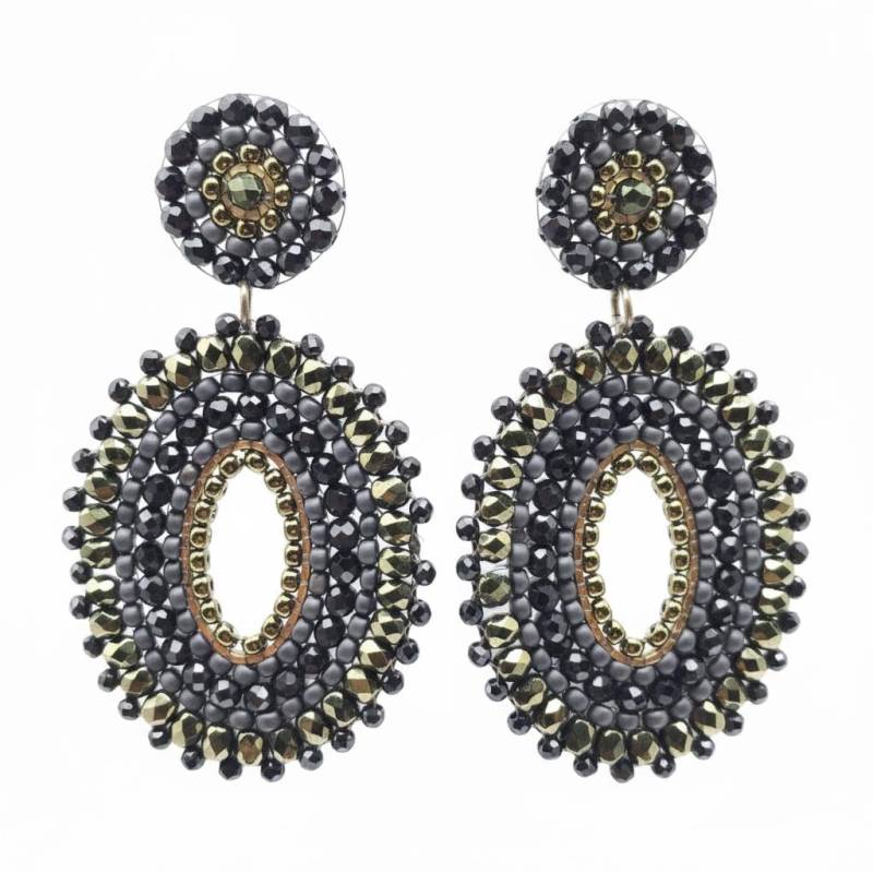 Ohrring Statement Oval Schwarz Khaki Gold Kristall Perlen von SHPearls