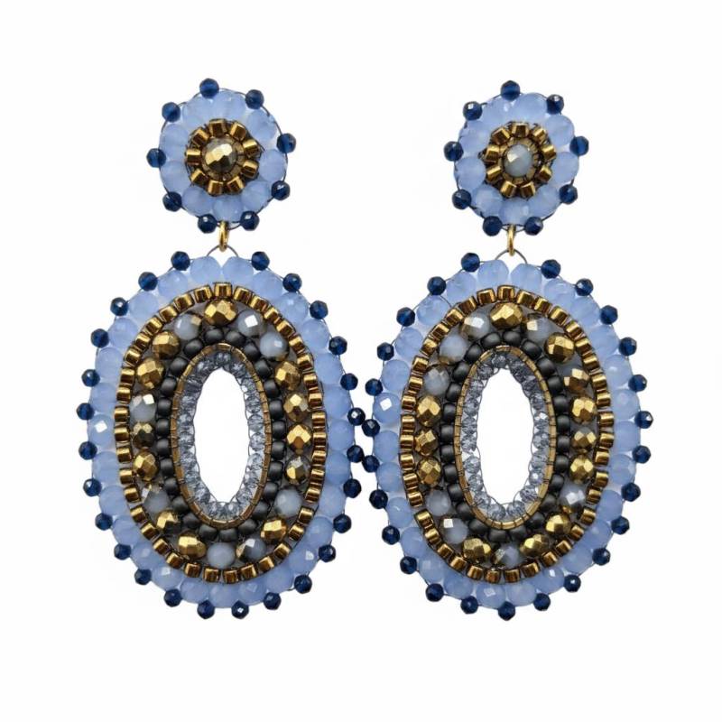 statement Ohrring Oval Gold Hellblau Perlen Kristall Handarbeit von SHPearls