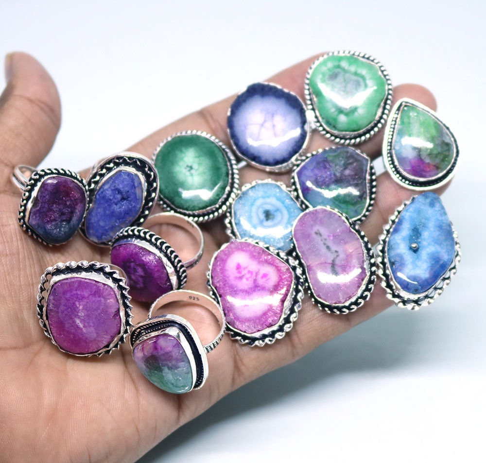 Multi Color Natürlicher Solar Quarz Druzy Und Scheiben Edelstein Ring, Versilberter Handgefertigter Multiple Design Für Männer Frauen von SHREEHARIJEWELS