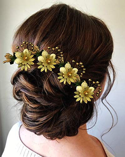 SHREEMEE 8 Stück Damen Mädchen Haarspangen Pins Lange Kurze Haare Brötchen Frisuren Künstliche Blumen Zubehör für Hochzeit Braut Gold von SHREEMEE