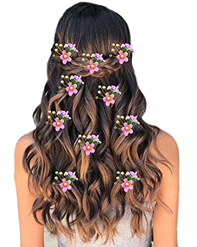 SHREEMEE Attraktive künstliche runde Blume mit goldener Perle, Hochzeits-Haar-Accessoire, Haarnadeln, Juda-Nadeln für Frauen und Mädchen, Babyrosa, 10 Stück von SHREEMEE