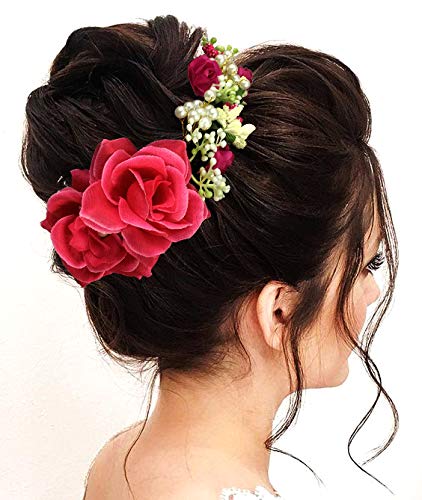 SHREEMEE Damen Haarnadeln Clips Haarknoten Frisuren Künstliche Blumen Accessoires für Hochzeiten, Dunkelrosa von SHREEMEE