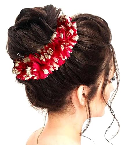 SHREEMEE Künstliche Haarnadel, Weiß mit roter Blume, abgerundet, Brautschmuck, Gajra/Juda-Haarnadel/Haarknoten, Zubehör für Damen und Mädchen, Rot von SHREEMEE