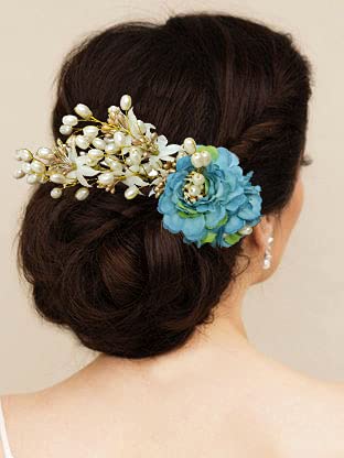SHREEMEE Künstliche Pfingstrose Blume mit Perle Haarschmuck und Haarnadel für Frauen (1 Stück) – Blau von SHREEMEE