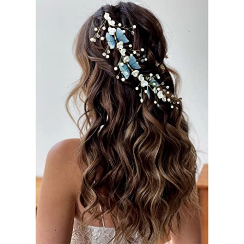 SHREEMEE Künstliche Rose und Schmetterling, entworfen mit Metallen und Perlen, Brautschmuck, Haarnadel/Haarknoten, Zubehör für Damen und Mädchen, Blau von SHREEMEE