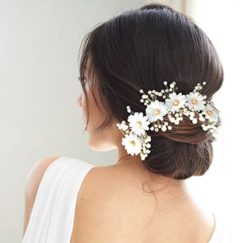 SHREEMEE Künstliche runde Blumen mit weißen Perlen, Braut-Haarnadel, Juda-Pin, Haarschmuck für Frauen, Weiß (1 Stück) von SHREEMEE