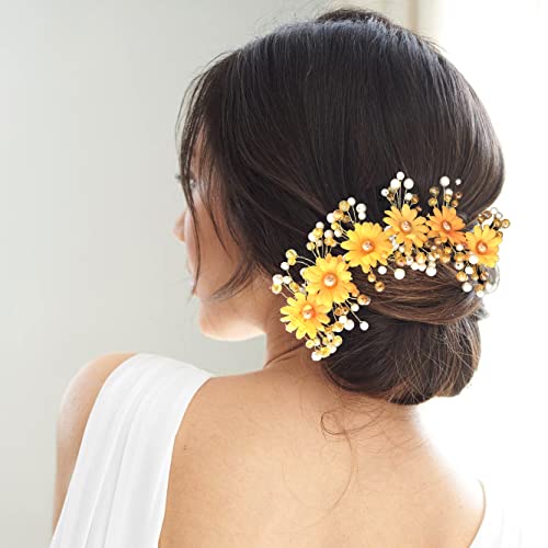 SHREEMEE Künstliche runde Blumen mit weißen und gelben Perlen, Braut-Haarnadel, Juda-Pin, Haarschmuck für Frauen, Gelb (1 Stück) von SHREEMEE