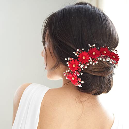 SHREEMEE Künstliche runde Blumen mit weißen und roten Perlen, Braut-Haarnadel, Juda-Pin, Haarschmuck für Damen, Rot (1 Stück) von SHREEMEE