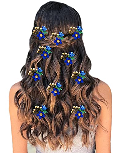 SHREEMEE Künstliche runde Form Blume mit goldener Perle Haarschmuck für Frauen Blau 10 Stück von SHREEMEE