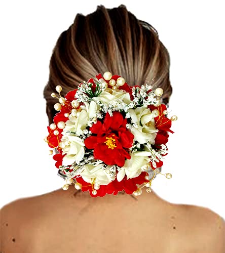 SHREEMEE Künstliche weiße / rote Rosenblüten, Perlen-Haarnadel, Judapin, Juda-Dutt, für Hochzeit, Brautschmuck, Haarschmuck für Damen und Mädchen, Rot von SHREEMEE