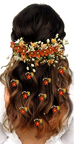 SHREEMEE Trendiges Blumen-Design, Braut-Haarspangen-Set, Haar-Accessoires, Haarnadel, Judapin, Judabun, Combclip, Sidepin Combo Set für Frauen – Orange von SHREEMEE