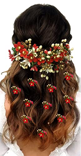 SHREEMEE Trendiges Blumen-Design, Braut-Haarspangen-Set, Haar-Accessoires, Haarnadel, Judapin, Judabun, Combclip, Sidepin Combo Set für Frauen – Rot von SHREEMEE