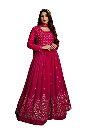 3339 Damenkleid mit Pailletten, bestickt, lang, Anarkali-Kleid, indisches Bollywood-Kleid, stilvoll und trendig, 3339, rosa - deep pink, Medium von SHRI BALAJI SILK & COTTON SAREE EMPORIUM