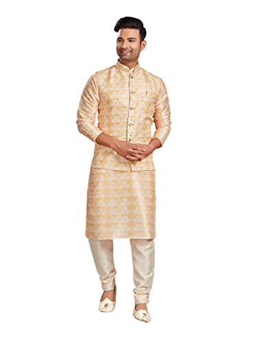 Hochzeits-Partykleidung, Herren, trendiges Garn, Pailletten, Seide, Kurta, Pyjama-Set, spiegelnd, Arbeitsjacke, ethnisches Sherwani 2876, Blassgelb, weiß, Medium von SHRI BALAJI SILK & COTTON SAREE EMPORIUM