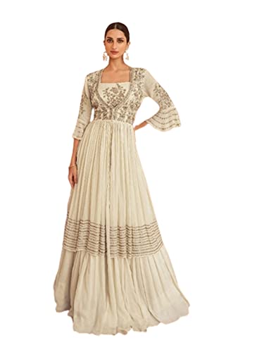 SHRI BALAJI SILK & COTTON SAREE EMPORIUM Weißes Damen Georgette Anarkali Kleid mit angenähter Jacke Hochzeitskleid 7534, Weiss/opulenter Garten, Medium von SHRI BALAJI SILK & COTTON SAREE EMPORIUM