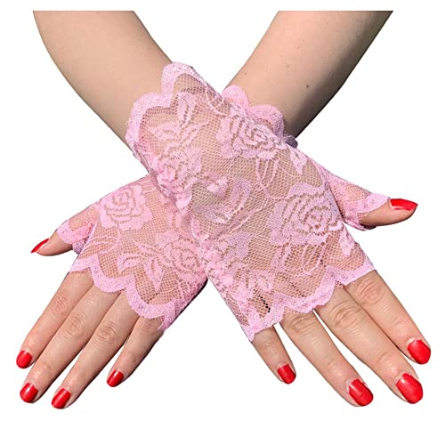 SHTGOI 1 Paar Damen Spitzenhandschuhe Kurze Braut Fingerlose Blumenspitze Handschuhe Sonnenschutzhandschuhe Hochzeit Spitzen Handschuhe für Teeparty Beerdigung Hochzeitsfeier Kostümzubehör Rosa von SHTGOI