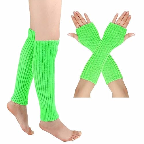 SHTGOI Beinstulpen und Pulswärmer Set Baumwolle Strick Beinwärmer Fingerlose Handschuhe Winter Arm Handwärmer Legwarmer Bein und Arm Stulpen für Yoga-Tanzen Turnhalle Ausübt Halten Warm Grasgrün von SHTGOI