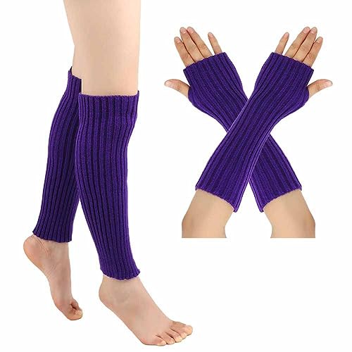 SHTGOI Beinstulpen und Pulswärmer Set Baumwolle Strick Beinwärmer Fingerlose Handschuhe Winter Arm Handwärmer Legwarmer Bein und Arm Stulpen für Yoga-Tanzen Turnhalle Ausübt Halten Warm Dunkles Lila von SHTGOI