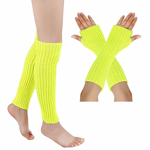 SHTGOI Beinstulpen und Pulswärmer Set Baumwolle Strick Beinwärmer Fingerlose Handschuhe Winter Arm Handwärmer Legwarmer Bein und Arm Stulpen für Yoga-Tanzen Turnhalle Ausübt Halten Warm Gelb von SHTGOI