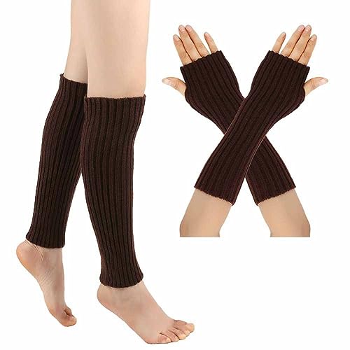 SHTGOI Beinstulpen und Pulswärmer Set Baumwolle Strick Beinwärmer Fingerlose Handschuhe Winter Arm Handwärmer Legwarmer Bein und Arm Stulpen für Yoga-Tanzen Turnhalle Ausübt Halten Warm Kaffee von SHTGOI