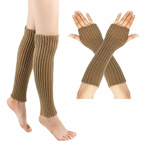 SHTGOI Beinstulpen und Pulswärmer Set Baumwolle Strick Beinwärmer Fingerlose Handschuhe Winter Arm Handwärmer Legwarmer Bein und Arm Stulpen für Yoga-Tanzen Turnhalle Ausübt Halten Warm Khaki von SHTGOI