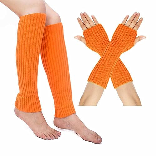 SHTGOI Beinstulpen und Pulswärmer Set Baumwolle Strick Beinwärmer Fingerlose Handschuhe Winter Arm Handwärmer Legwarmer Bein und Arm Stulpen für Yoga-Tanzen Turnhalle Ausübt Halten Warm Orange von SHTGOI