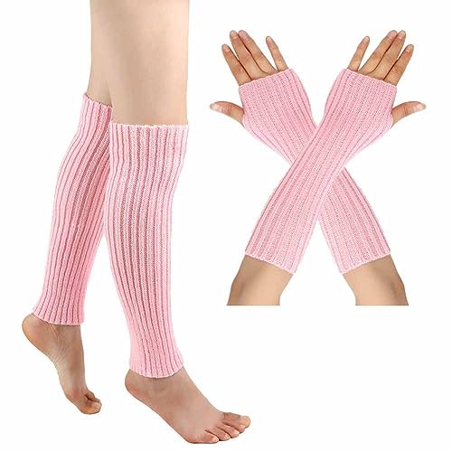 SHTGOI Beinstulpen und Pulswärmer Set Baumwolle Strick Beinwärmer Fingerlose Handschuhe Winter Arm Handwärmer Legwarmer Bein und Arm Stulpen für Yoga-Tanzen Turnhalle Ausübt Halten Warm Pink von SHTGOI