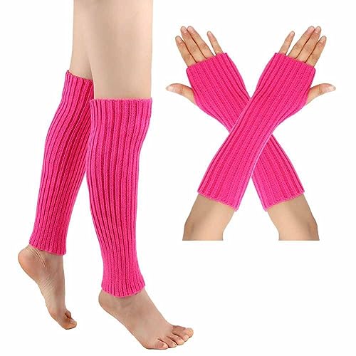 SHTGOI Beinstulpen und Pulswärmer Set Baumwolle Strick Beinwärmer Fingerlose Handschuhe Winter Arm Handwärmer Legwarmer Bein und Arm Stulpen für Yoga-Tanzen Turnhalle Ausübt Halten Warm Rosa von SHTGOI